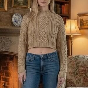 SIR. Cable Knit Mock Neck Cropped Sweater Cotton Nylon Merino Wool Blend Beige